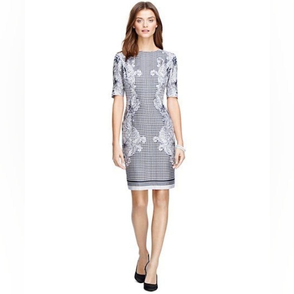 Brooks Brothers dove gray scroll print houndstooth silk dress 4